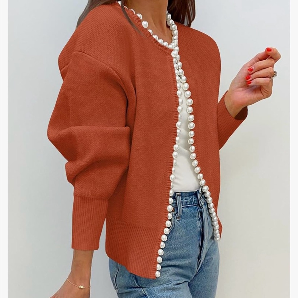 Rust Cardigan with Pearl Detailing